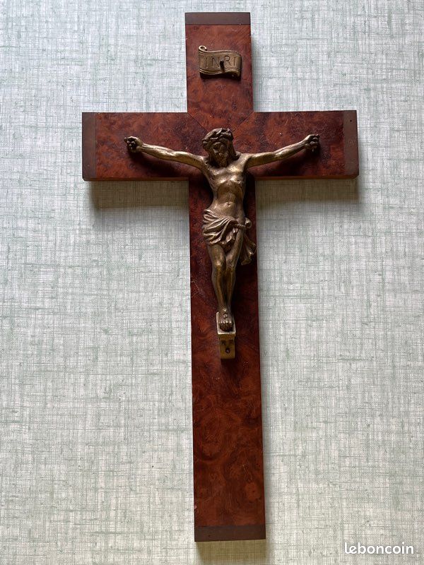 Crucifix bois vintage métal ancien INRI 35 cm (image 1)