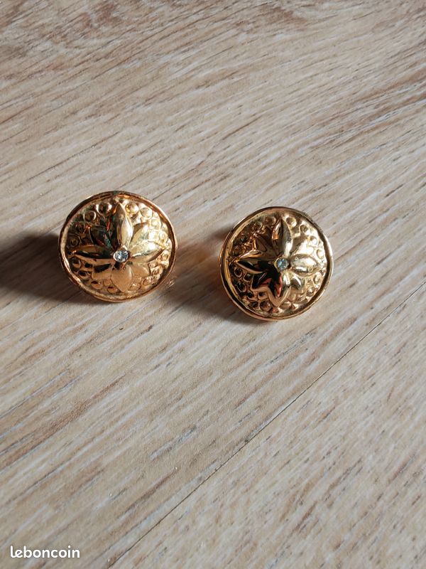 Boucles D'oreilles Vintage - Plaqué Or, Maille Nattée, Strass, Clips, 26x10mm