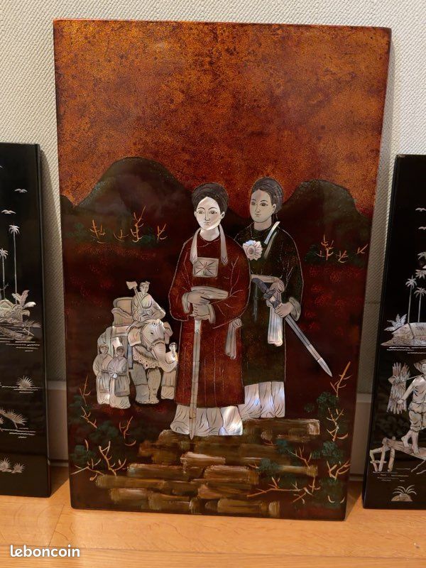 Panneau vietnamien en laque et nacre – Scène traditionnelle avec éléphant (image 1)