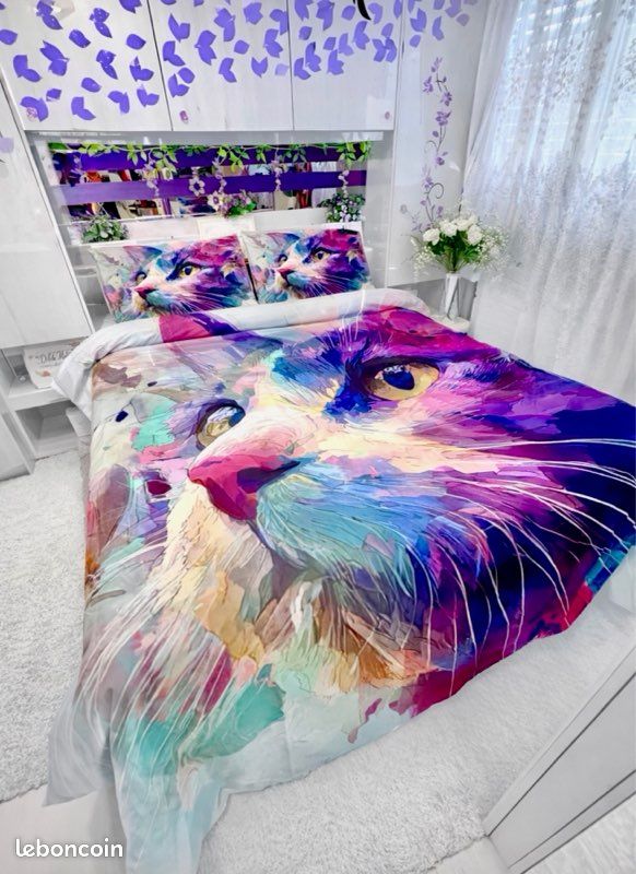 Parure de lit 220x240 – Chat artistique multicolore – Ultra douce (image 3)