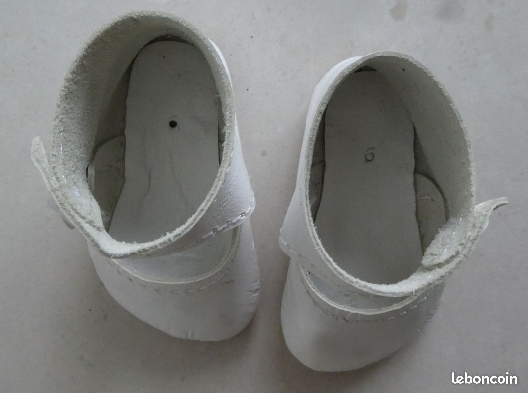 7 Chaussures poupée Monique JR Jean Rousseau Trèfle cuir blanc Mode & travaux 1950's - Jeux & Jouets