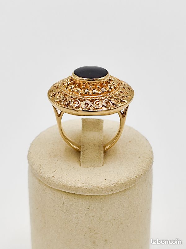 Bague Vintage Plaqué Or Avec Cabochon Onyx Taille 53 - Occasion Très Bon état