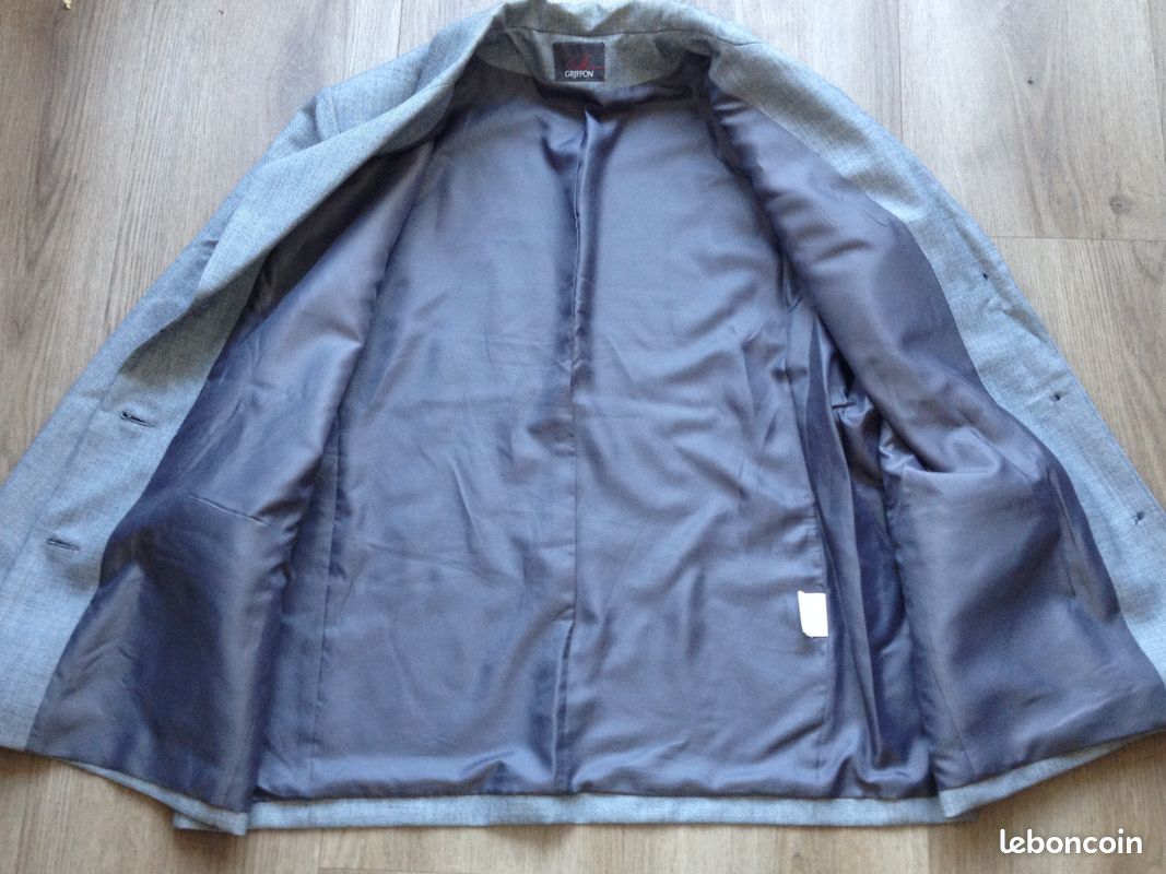 Veste de costume / Blazer vintage femme Marcelle Griffon – Laine peignée – Gris chiné (Taille 50 / Grande Taille) (image 6)