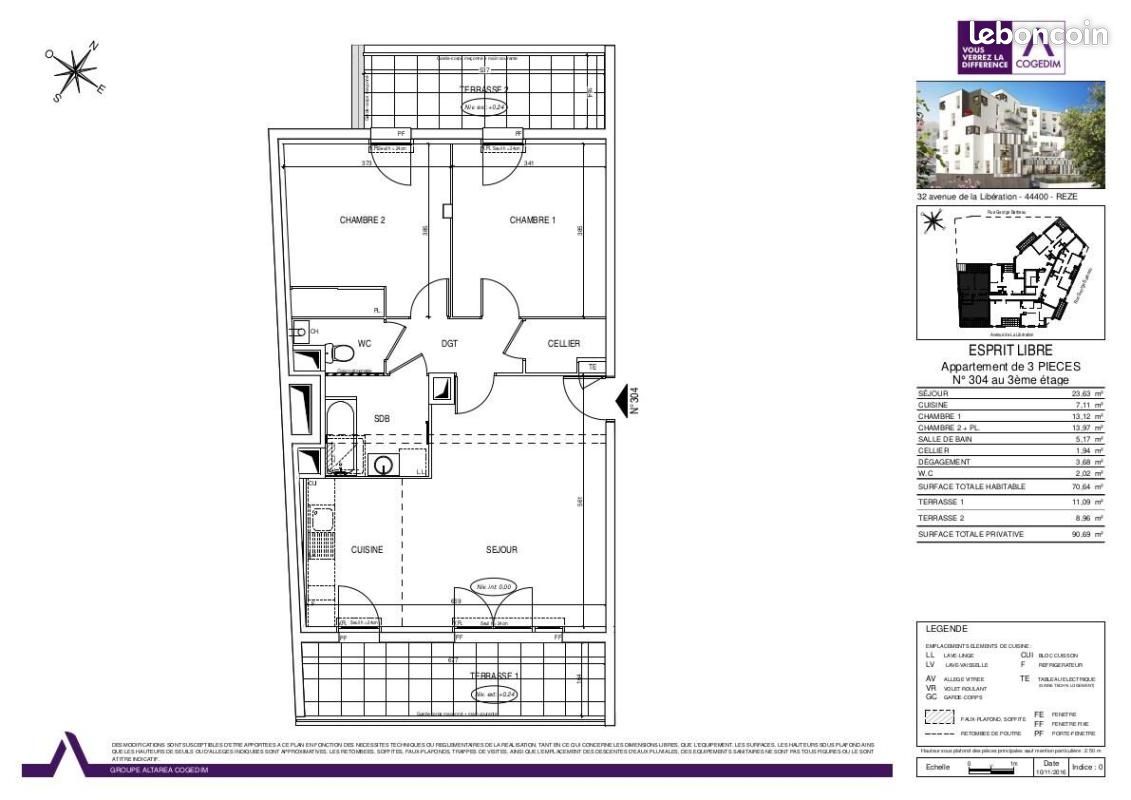 Appartement 3 pièces 70 m² · à Rezé · 70 m² · 832 €/mois