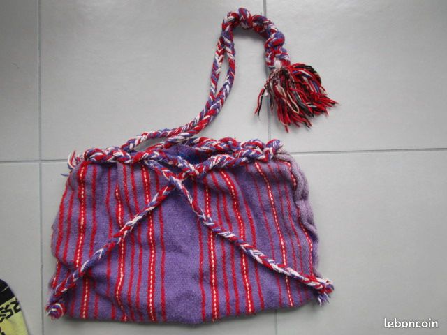 Sac jute multicolore violet bandoulière ou dos baba cool hippie 50x30 (image 2)