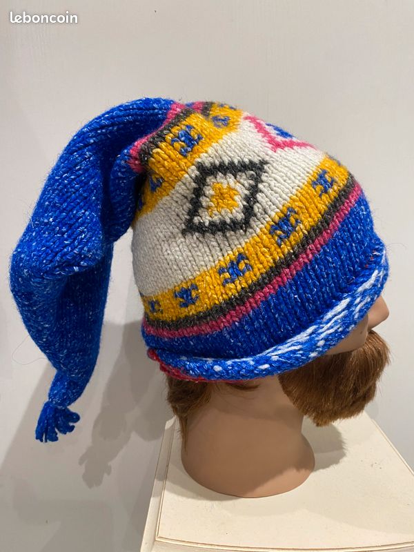 Bonnet pointu laine artisanale Lutin ethnique Bleue, multicolore atypique (image 1)