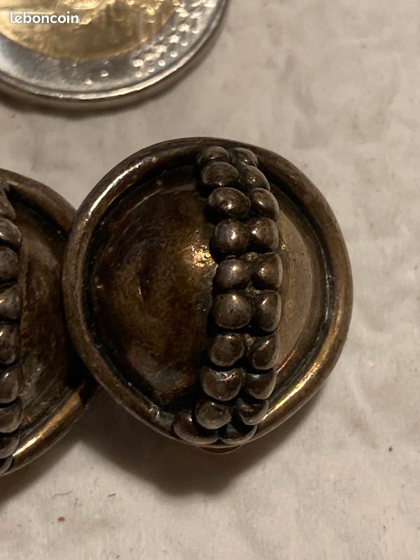Paire de boucles d’oreilles à pince ancienne en argent, années 1930, motif art déco/nouveau, jolie patine (image 2)