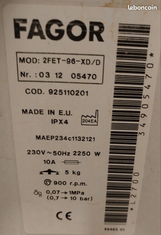 Je mets en vente machine à laver marque fagor pour pièces où juste changer le palier traverser gauche complet de tambour au moment de séchage elle fait un bruit et échanger le couvert de port 40e (image 4)
