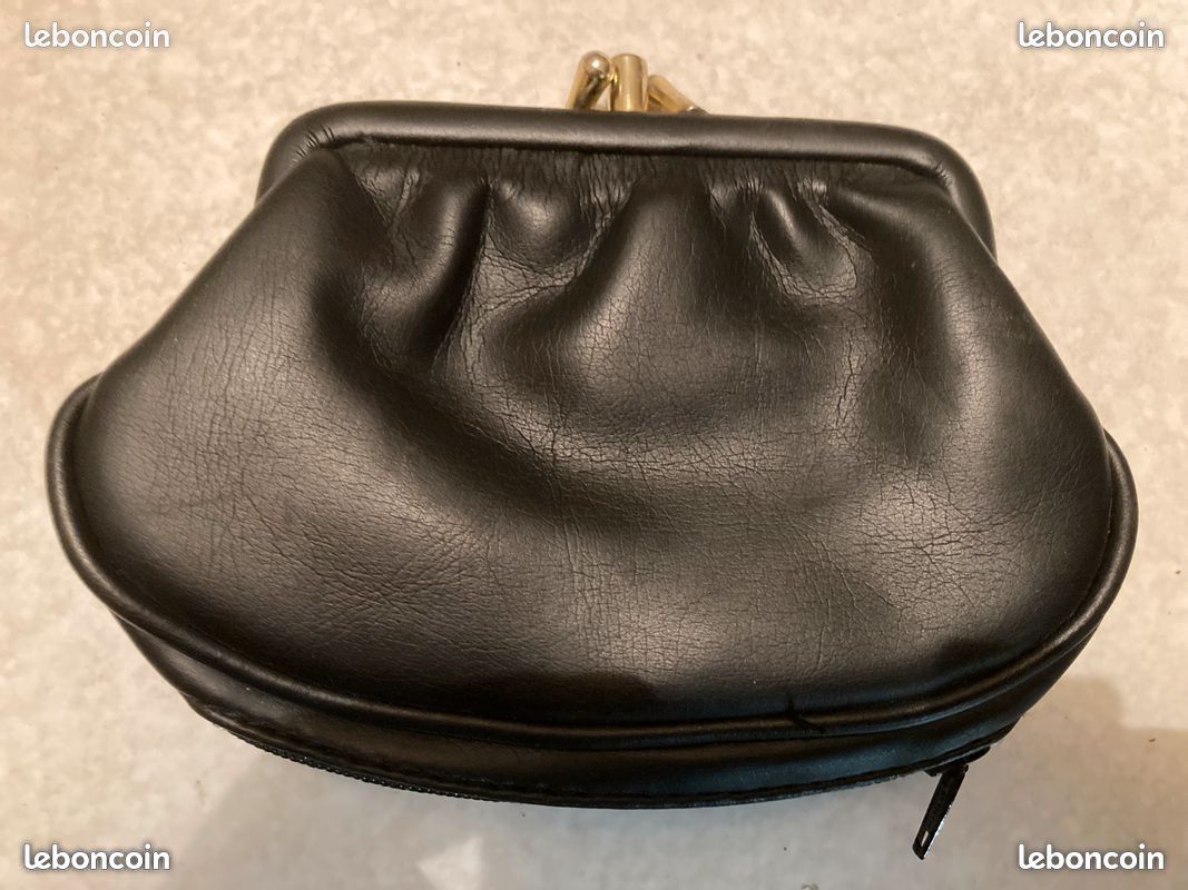 Bourse/porte-monnaie vintage en cuir noir à fermoir doré (image 1)