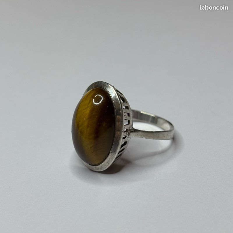 Bague Navette Ancienne En Argent Massif Avec œil De Tigre Et Marcassites - Taille 51