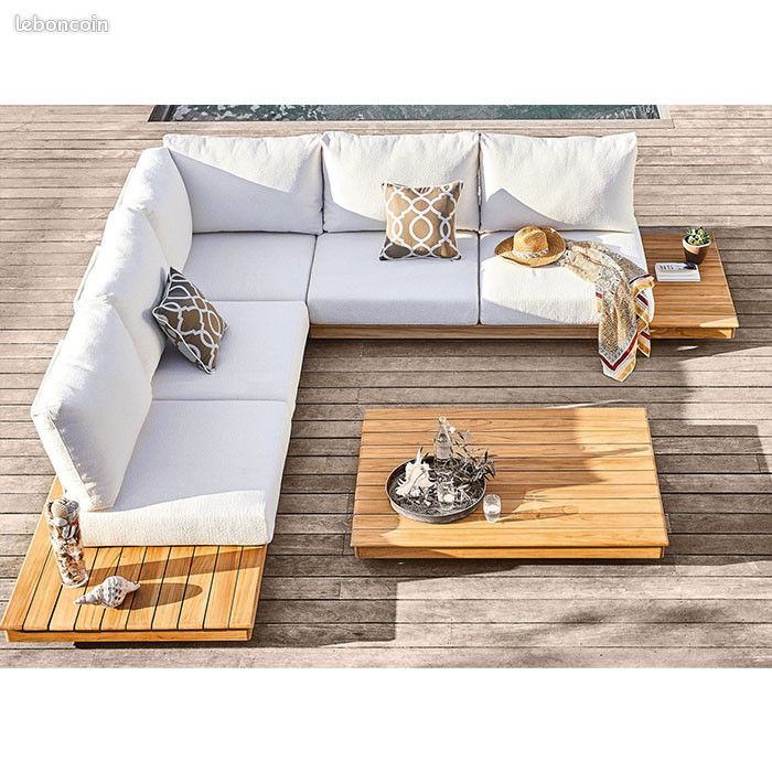 Salon bas de jardin Teck et coussins (2 méridiennes + 1 angle + 1 table basse) - Newcastle - 5 plac (image 3)