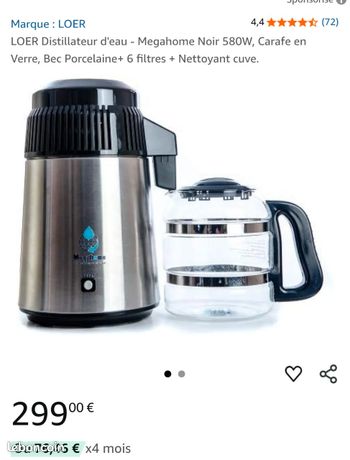LOER - Distillateur D’Eau Megahome 580W - Carafe Verre + 6 Filtres + Nettoyant