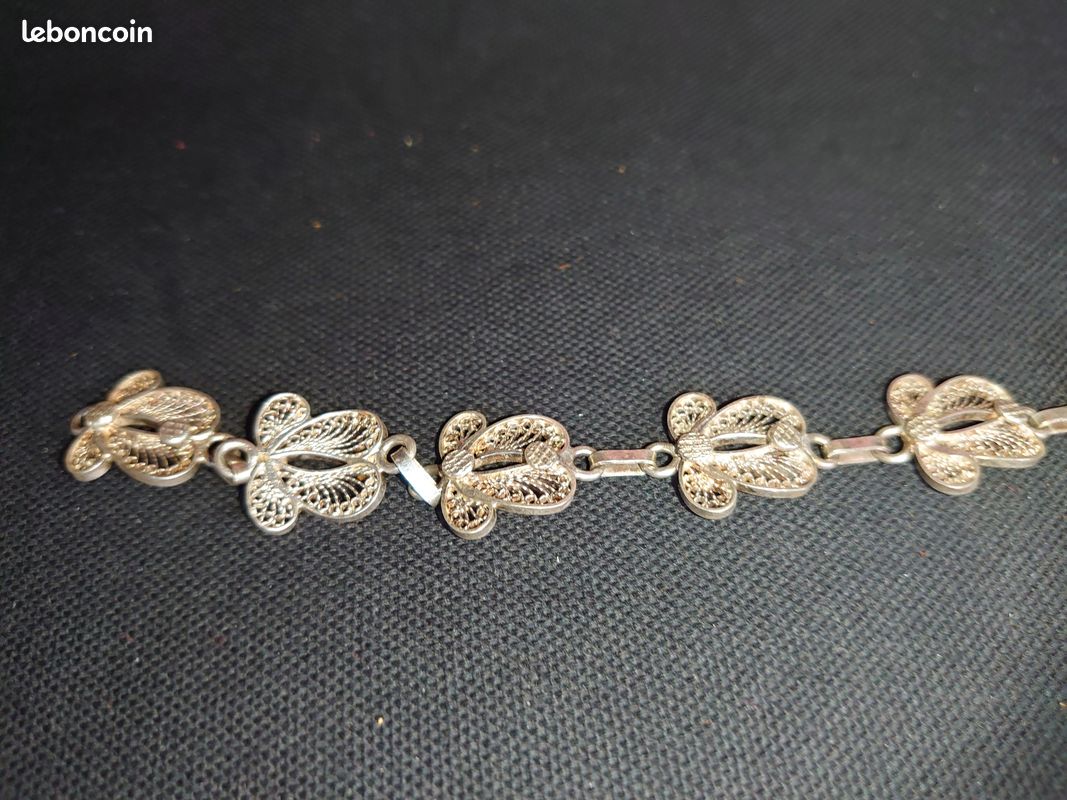 Bracelet En Vermeil Sur Argent - 6 Maillons Galbés Motif Fleur Filigranée, Longueur 20 Cm - Occasion Bon état