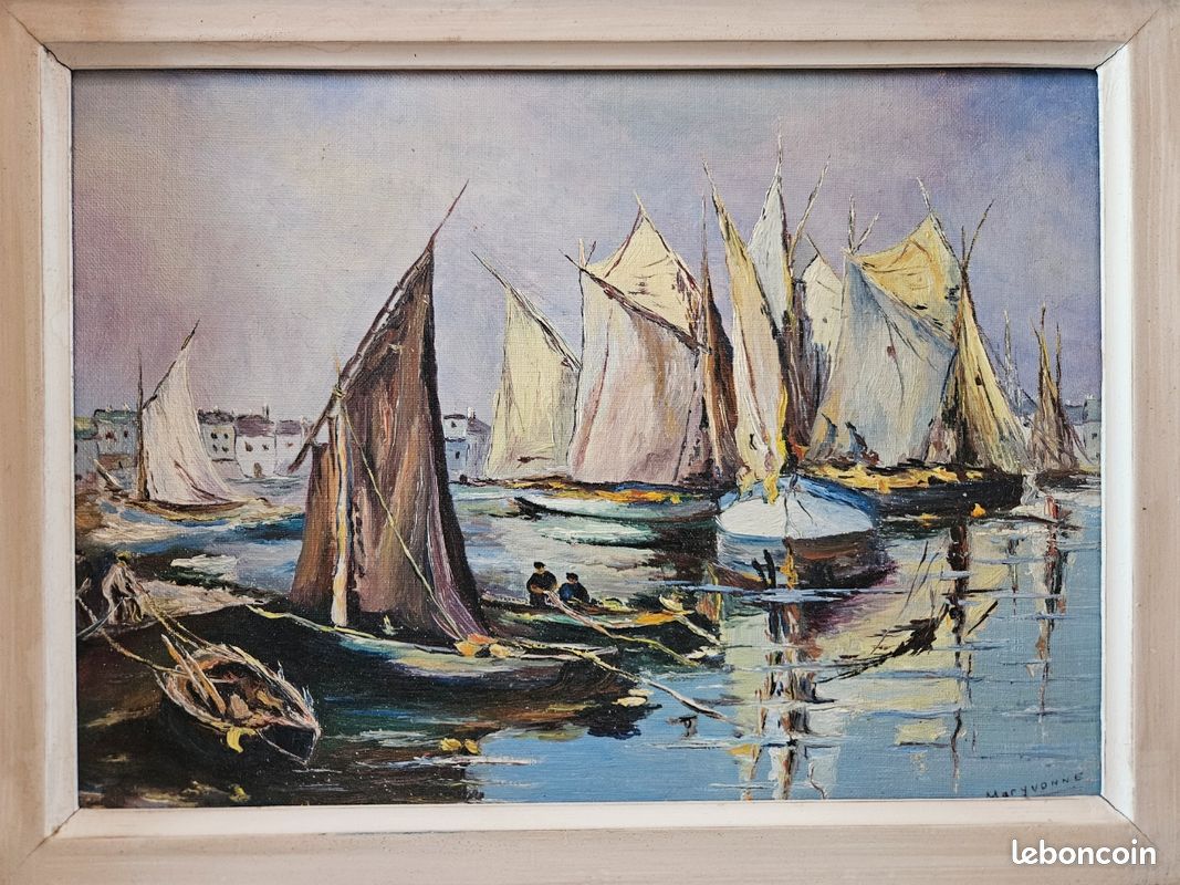 Tableau Ancien Marine – Peinture Sur Soie Bateaux Paysage