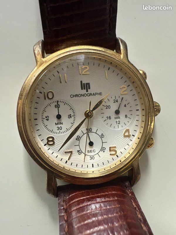 Montre Lip Chronographe Quartz - Bracelet Cuir - Vintage - TBE Occasion