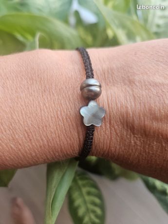Bracelet Argent Massif & Perle De Tahiti Noire - Émeraude - Fait Main #1386 ROSEMIMOSA