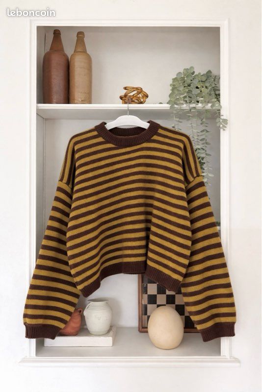 Pull à Capuche Beaux Art Rayé Marron Et Jaune - Taille M, 100% Coton, Occasion Très Bon état
