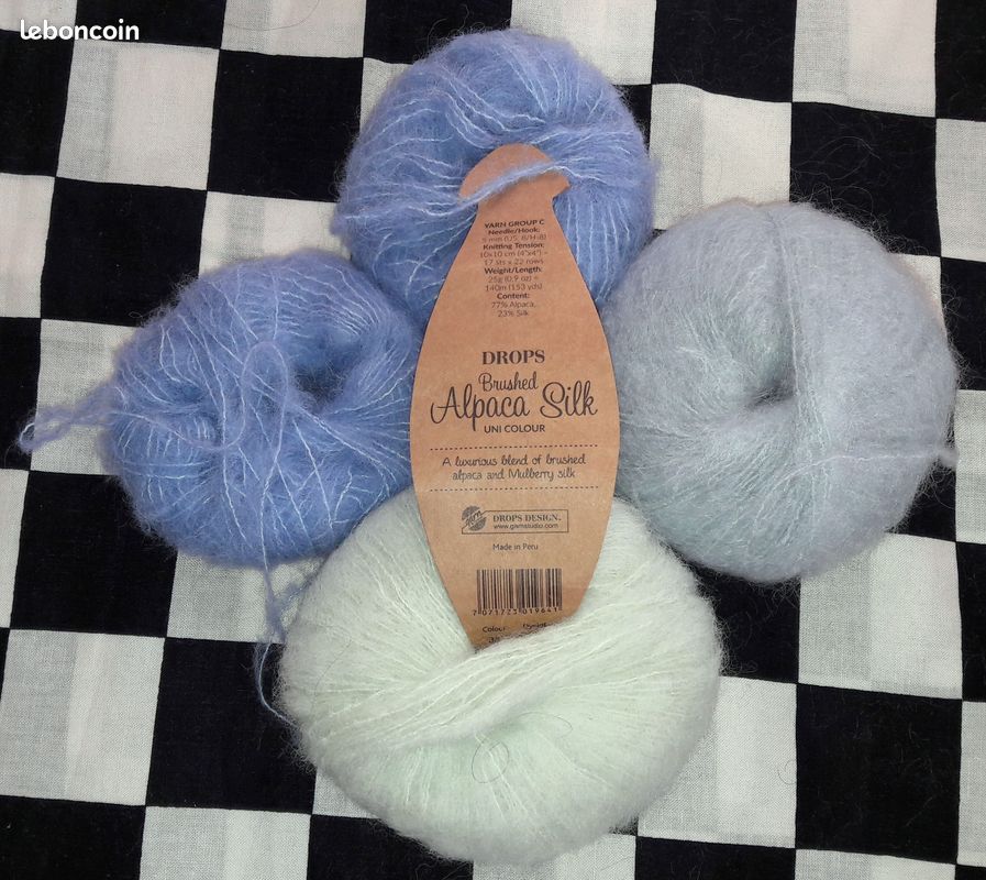 4 pelotes neuves (📏380M-⚖️68G au total) BRUSHED ALPACA SILK 77% alpaga et 23% soie de DROPS 3 coloris assortis (14 BRUME MATINALE + 33 GLACE PISTACHE + 28 BLEU PACIFIQUE) (image 4)