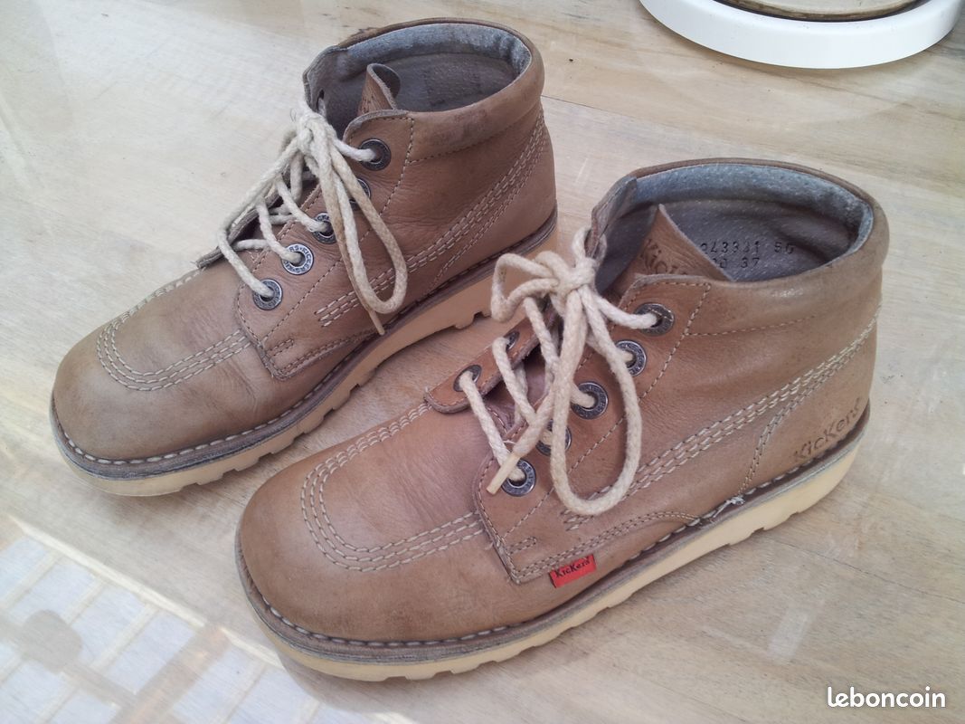 Bottillons Vintage KICKERS - Cuir Bicolore Vert Anis/orange - Taille 35 EU - Occasion - Traces D'usure