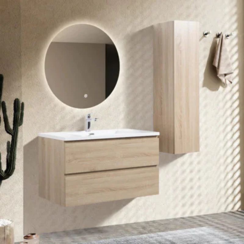 Evin miroir de salle de bain suspendu à une colonne avec LED, 1 porte en  bois blanc.