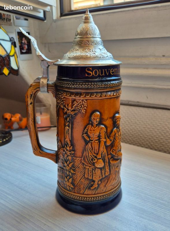 Chope à Bière Ancienne En Verre Avec Couvercle En étain - 0,5 L, Marque SG Radeberg, Vintage 1900-1919