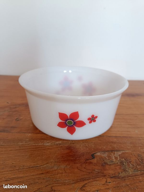 Grand saladier en arcopal décor hibiscus vintage