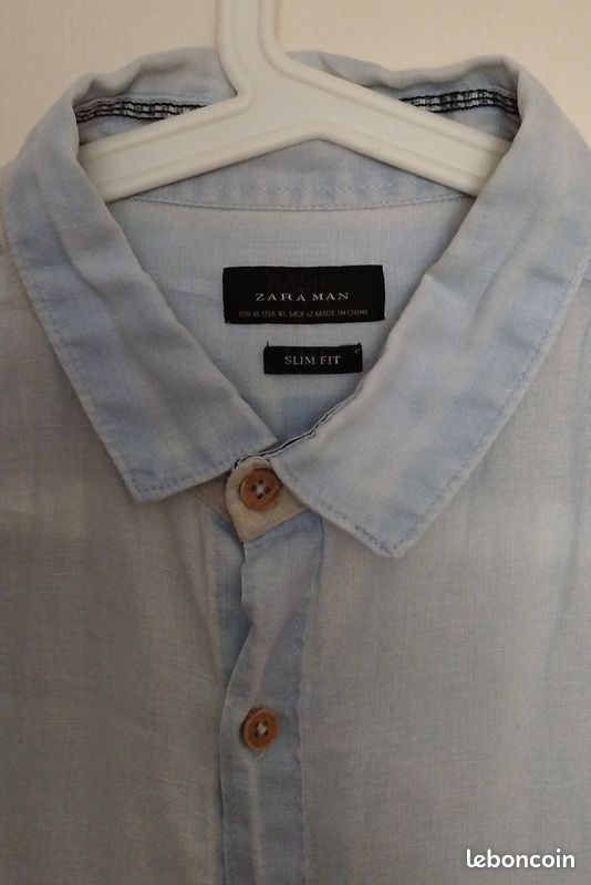 Chemise Homme Zara En Lin Bleu Jean - Taille L, Manches Longues, Col Ras Du Cou, Occasion En Parfait état