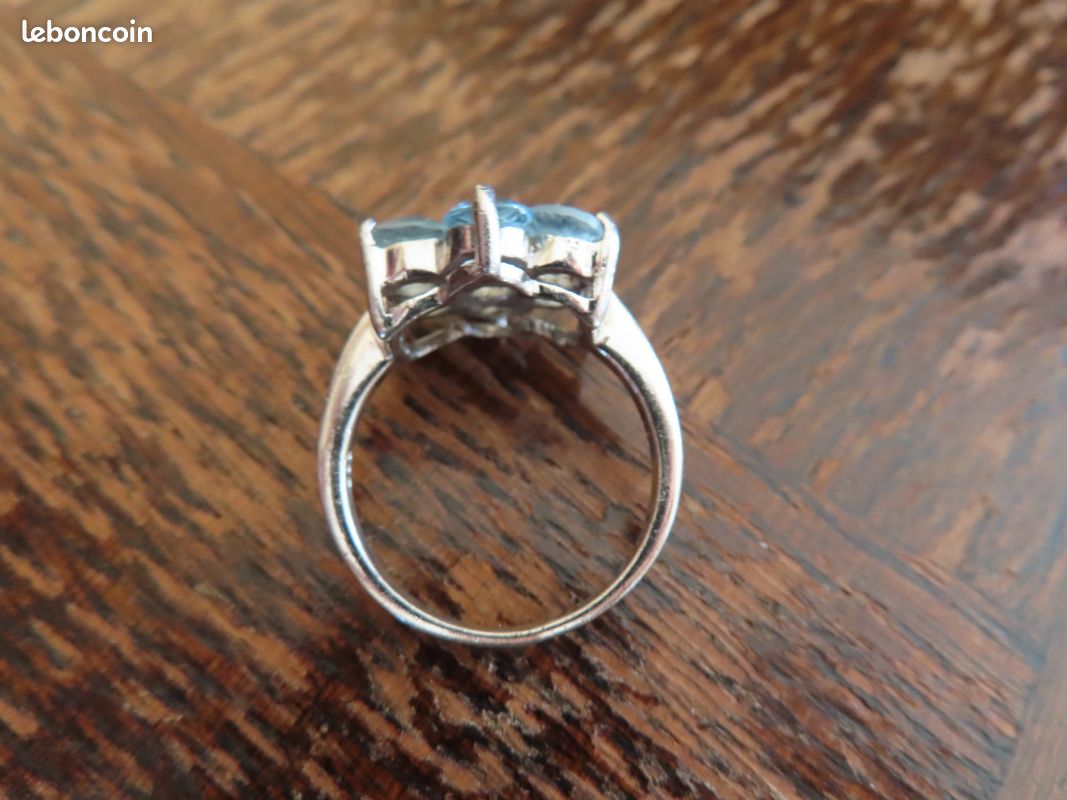 Bague Ancienne Or 14k Sertie Aigue-marine - Taille 55 - Style 1900 Fabriquée Main - Occasion