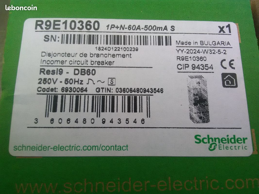 Disjoncteur Différentiel Schneider Resi9 DB60 R9E10360 - 2P 60A - Neuf