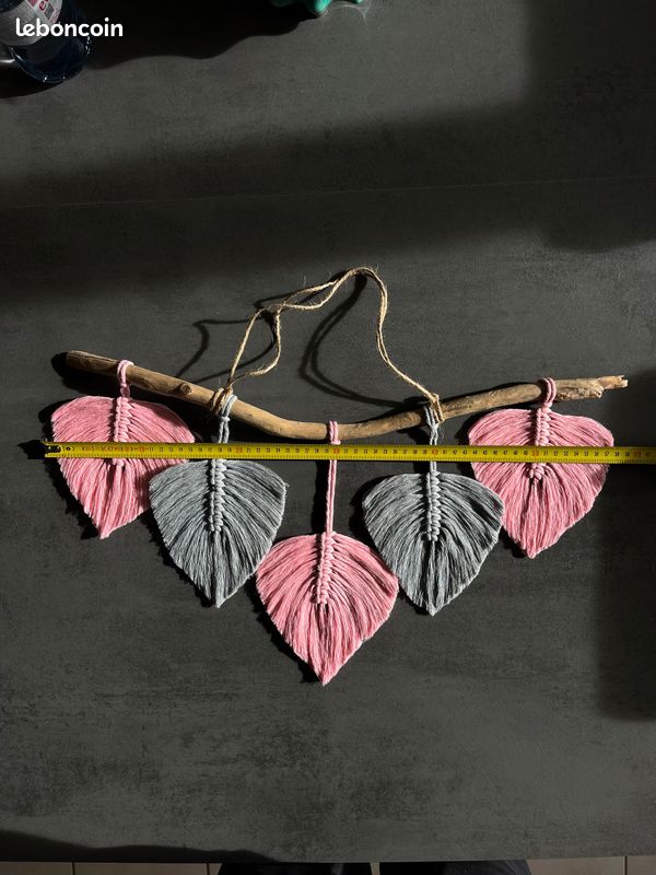 Suspension macramé 5 feuille rose pâle et gris (image 4)