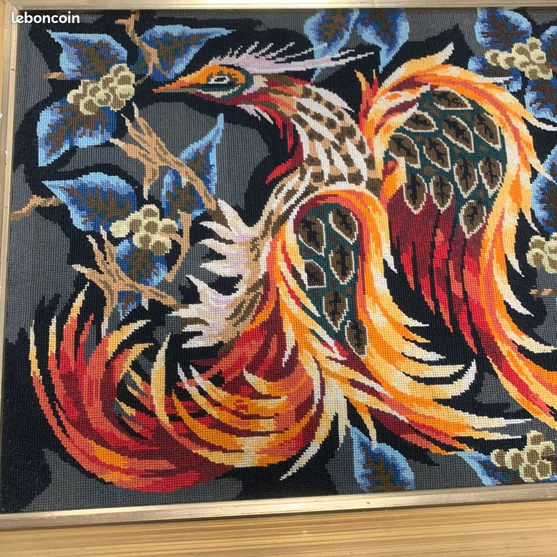 CANEVAS VINTAGE motif oiseau Rouge Gorge & houx FINI