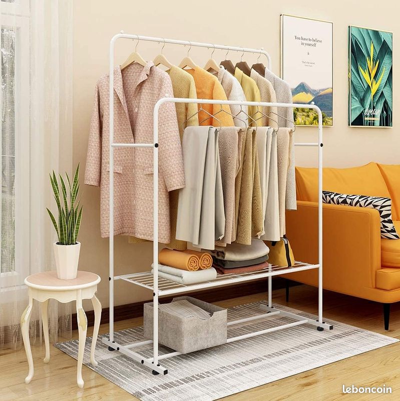 JURMERRY Portant Penderie à vêtements Cintre autoportant Double tringles Multifonction pour Chambre à Coucher (Blanc) (image 1)