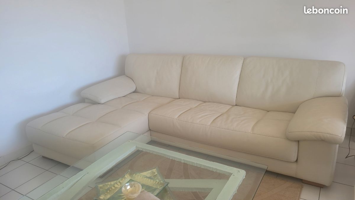 Canapé En Cuir Blanc Duvivier - 175 Cm, Avec Appuis-tête Réglables (occasion)