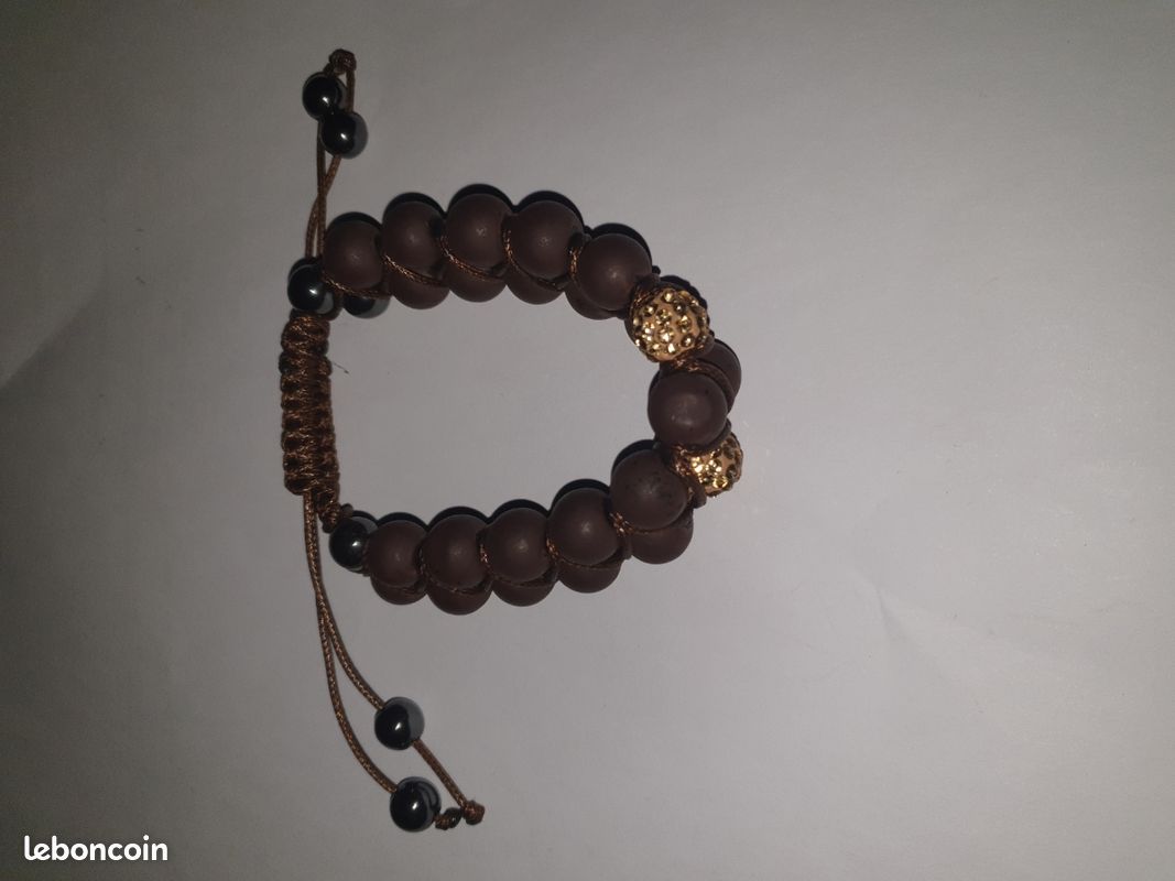 Bracelet double Shamballa marron brut et 2 perles dorées (image 1)