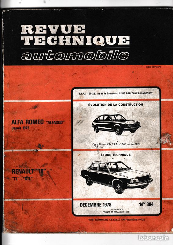 RTA 1978 RENAULT 18 TL-GTL évolution construction ALFA ROMEO ALFASUD ...