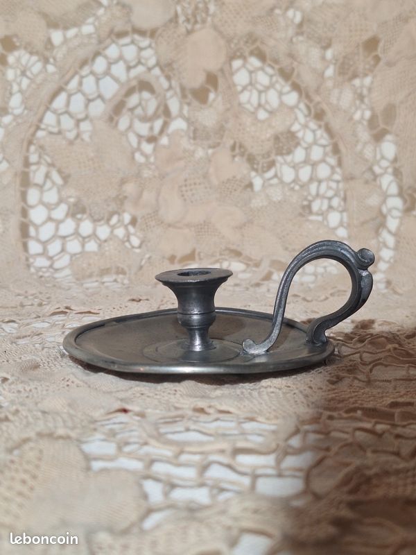 Bougeoir Ancien En Grès Vernissé Gris – Signé V.N – Pour Bougie Longue – Design Contemporain