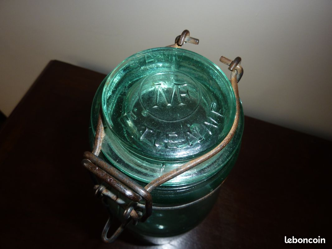 Ancien Bocal En Verre Vert Manufrance Saint Etienne – 1 Litre – Occasion (rouille Sur Métal)