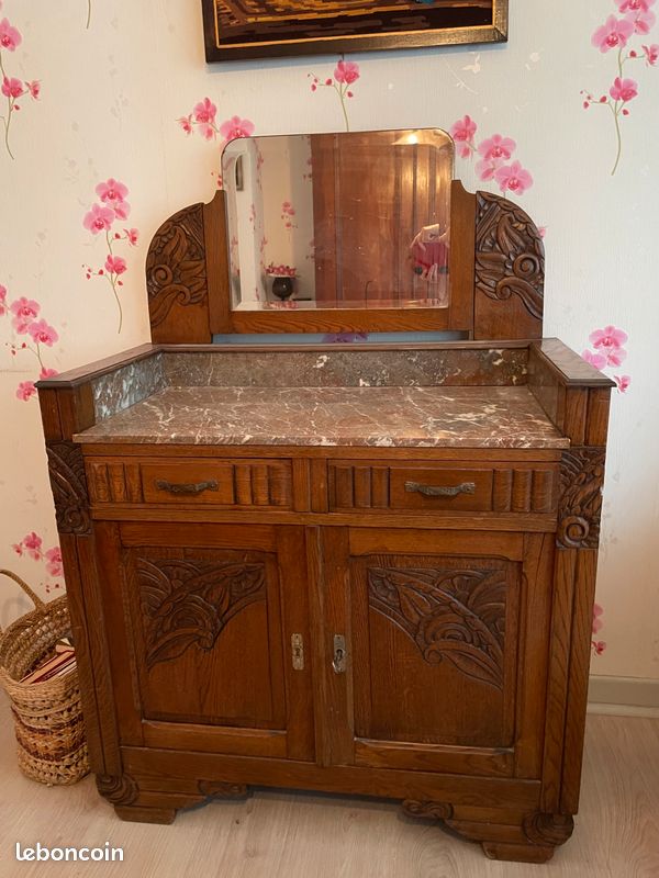 Meuble de toilette en bois sculpté - dessus marbre (image 1)