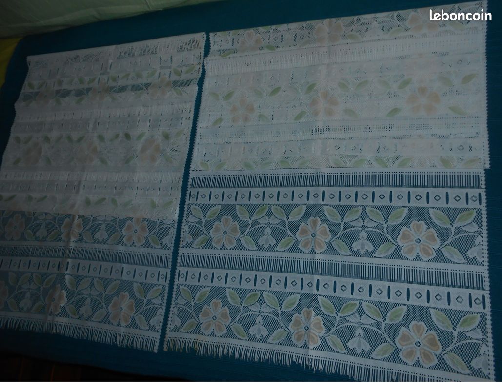 🦋🌴 INDISPONIBLE -Vintage parfait état/Rideaux Brise-bise modulables-Blanc dentelle Motif floral-60x160cm (image 2)