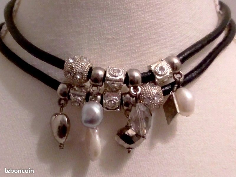 Collier 2 rangs cuir et charms Bleu Pivoine (image 2)