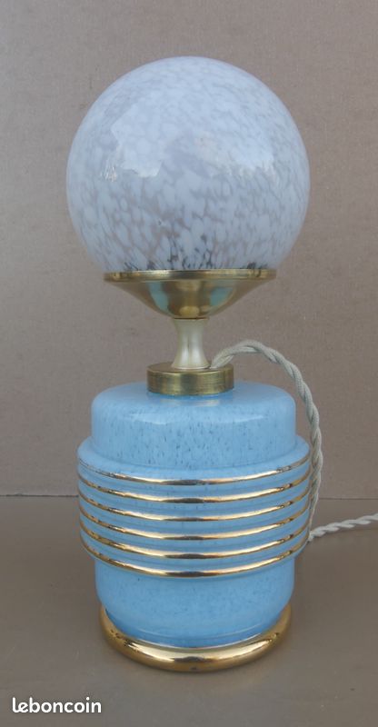 Lampe verre de Clichy bleu & boule blanche de bureau vintage luminaire ancien (image 4)