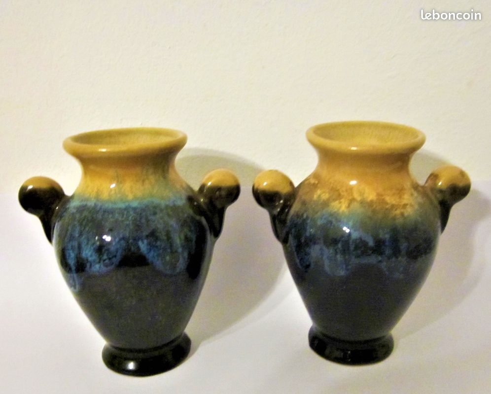 2 petits VASES en duo céramique brillante flammée H : 8,7 cm TBE Vintage (image 9)