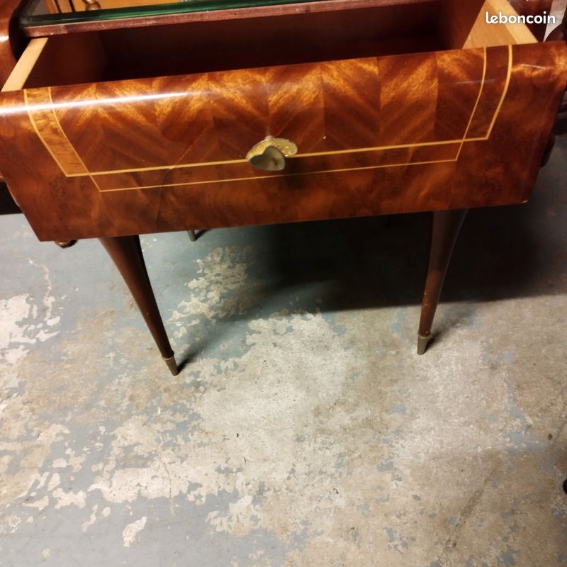 Magnifique chevet ou bout de canapé année 60 en bois de rose et marqueterie,4 pieds compas (image 16)