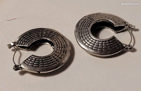 Boucles D'oreilles Créoles Vintage En Argent Massif 925 - Occasion