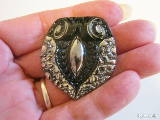 Broche Ancienne En Verre Noir Forme Barrette - Style Art Déco - Bijoux Vintage