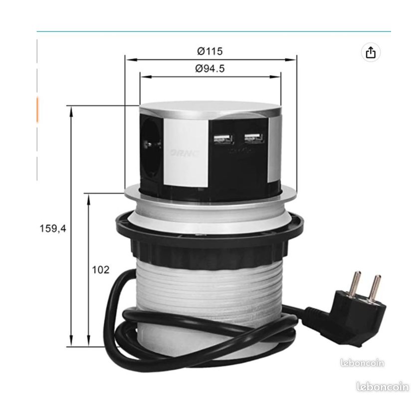 ORNO AE-1342 Bloc Multiprise Encastrable Escamotable, 3 Prises + 2X USB, 3680W Max, Ø10cm, (image 4)