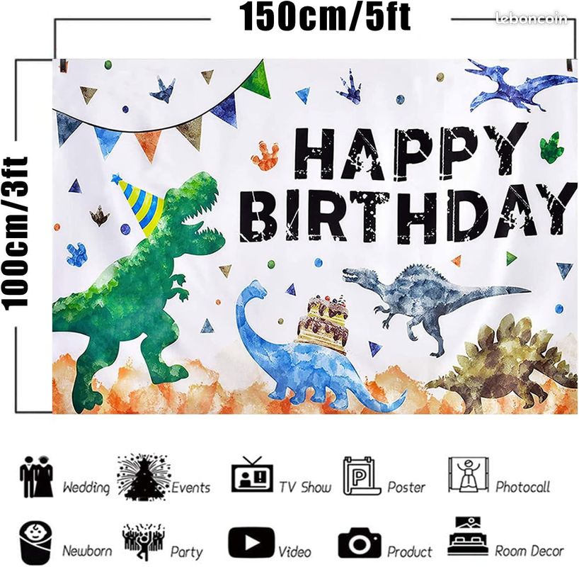 Toile fond anniversaire Dinosaures 1x1,50m Happy Birthday (image 1)