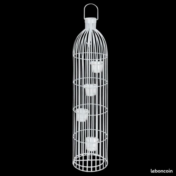 cage lanterne décorative 16,5x69cm en métal, blanche, pour 5 bougies (image 1)