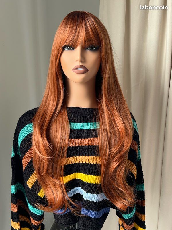 Perruque Synthétique Longue Rousse Orange Avec Frange - Bonnet +4 - Neuf