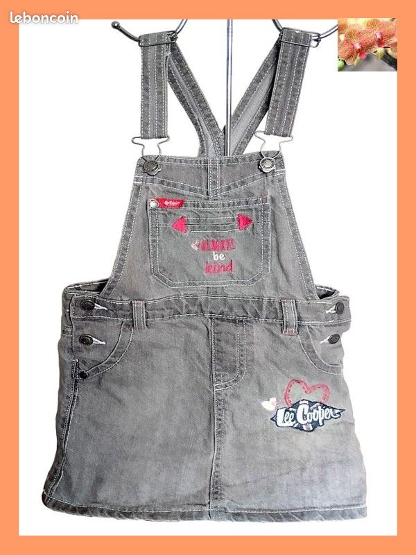 Robe salopette toutes saisons en jean gris fuchsia pour filles de